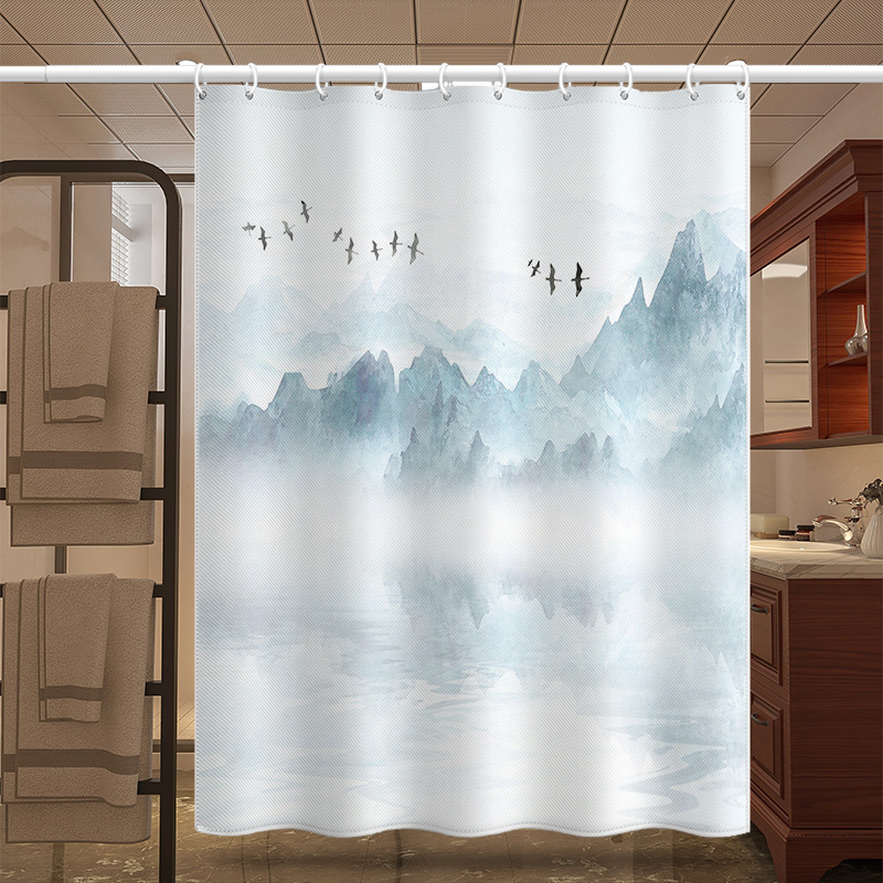 New Chinese Zen-style Curtains, No-drill Installation, Door Partition Shower Short Curtain, Digital Print With Landscape_voghion.com