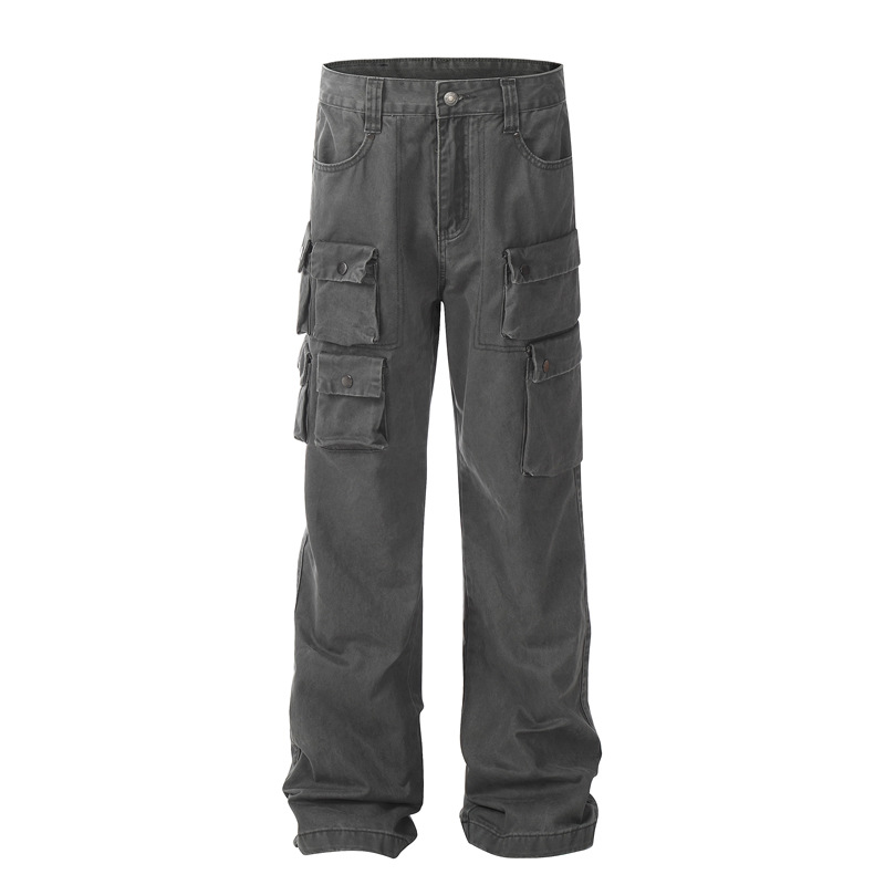 Men's Clothing Style Street Retro Old Washed Loose Tooling Jeans Men's Brand All-match Casual Multi-pocket Straight Pants_voghion.com