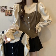 大码女装2025胖mm洋气秋新款假两件显瘦拼接上衣韩版长袖t恤小衫