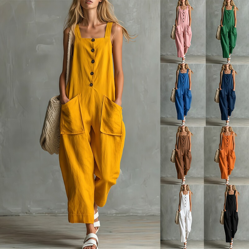 Cross-Border Vacation Workwear Overalls with Suspenders, Women's Loose Wide-Leg Overalls with Large Pockets