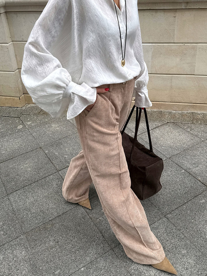 Quần ống rộng nữ cotton nhung kẻ sọc dáng suông lưng giữa phong cách retro — kaki nhạt, mơ chi tiết 19