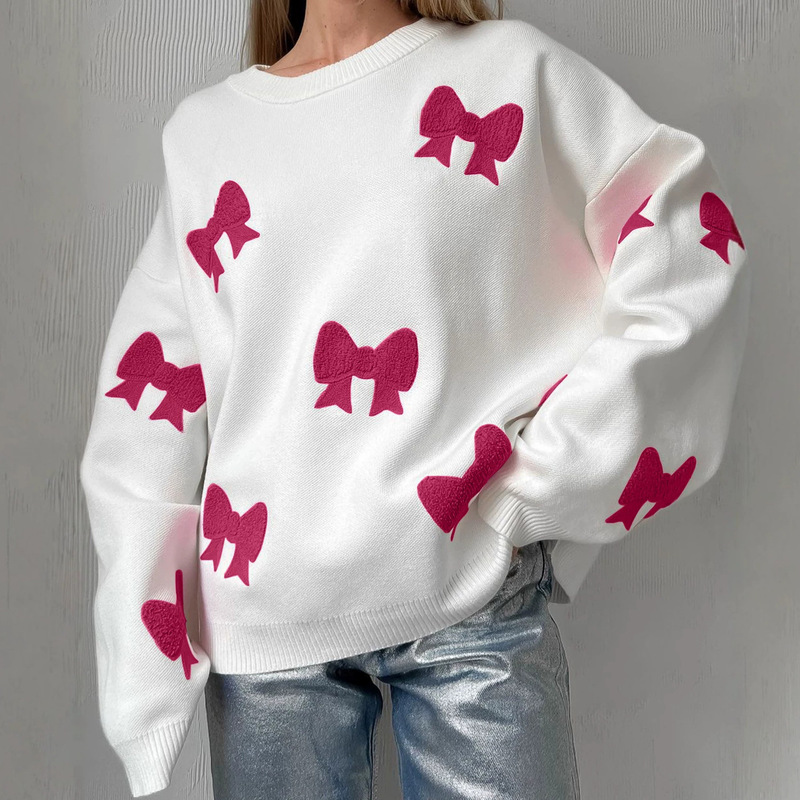 New Autumn/Winter Style Bowknot Loose Round Neck Knit Sweater for Women, Sweet Long Sleeve Women's Clothing for Autumn and Winter New Autumn/Winter Style Bowknot Loose Round Neck Knit Sweater for Women, Sweet Long Sleeve Women's Clothing for Autumn and Winter