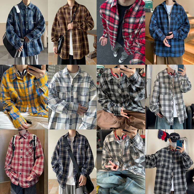 2025 Spring and Autum Large Size Men's Long-Sleeved Plaid Shirt Men's Trendy Brand American Retro Loose Casual Shirt Jacket