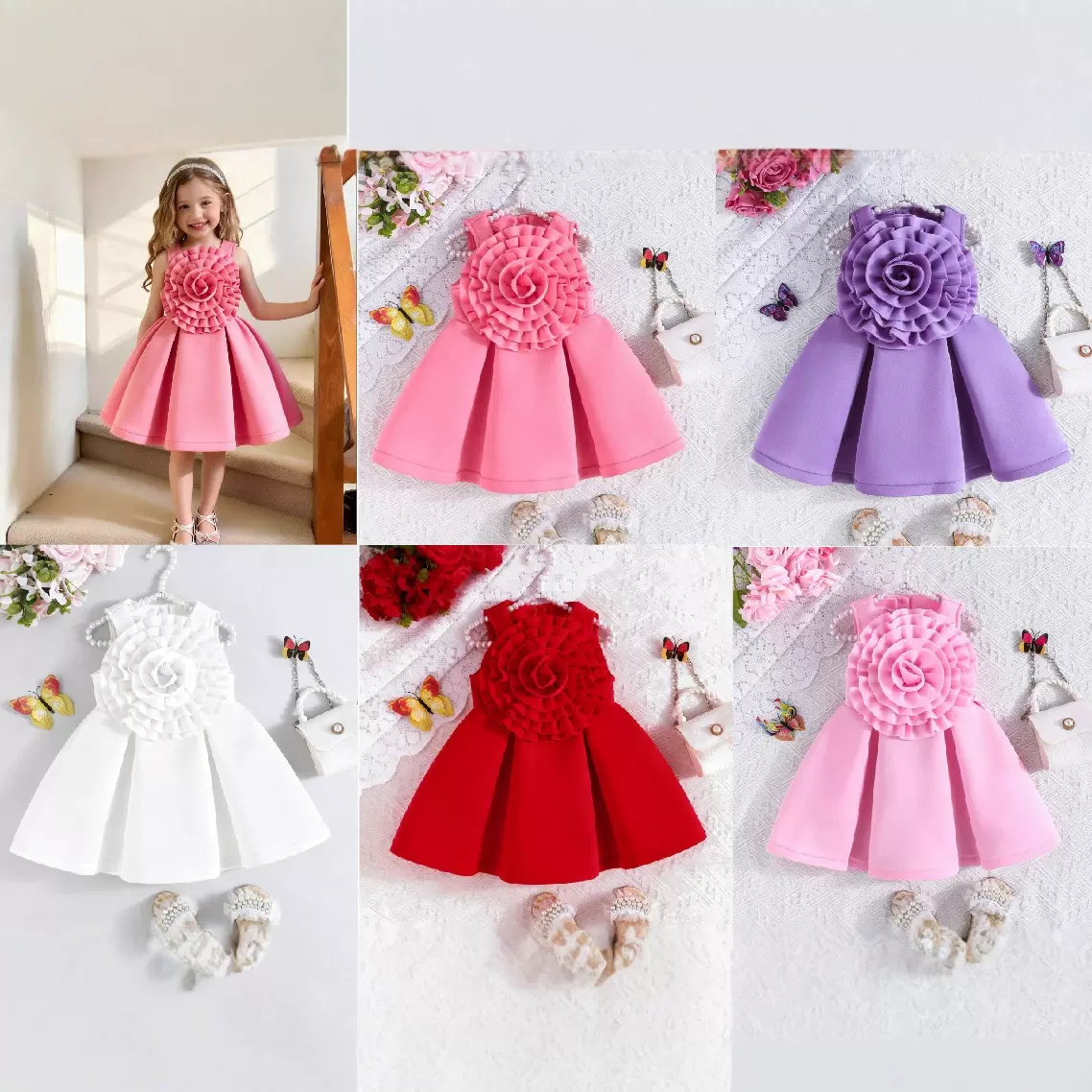 2025亚马逊热销童装欧美女童夏季无袖超大花朵荷叶边连衣公主裙