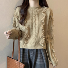 2025法式流苏感小众短款圆领毛衣秋冬宽松新款慵懒休闲针织衫上衣