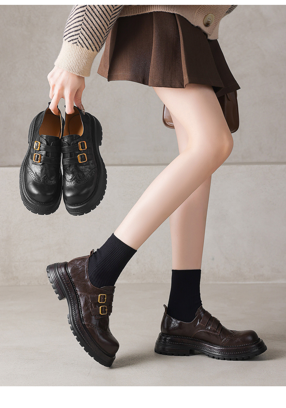 Giày loafer nữ đế dày mũi tròn gót vuông ổn định, khóa thắt lưng kép — màu nâu chi tiết 2