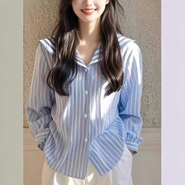 Blue Striped Navy Collar Blazer Coat Spring and Autumn Design Women's 2025 New Arrival High-end Top Fashion Trendy