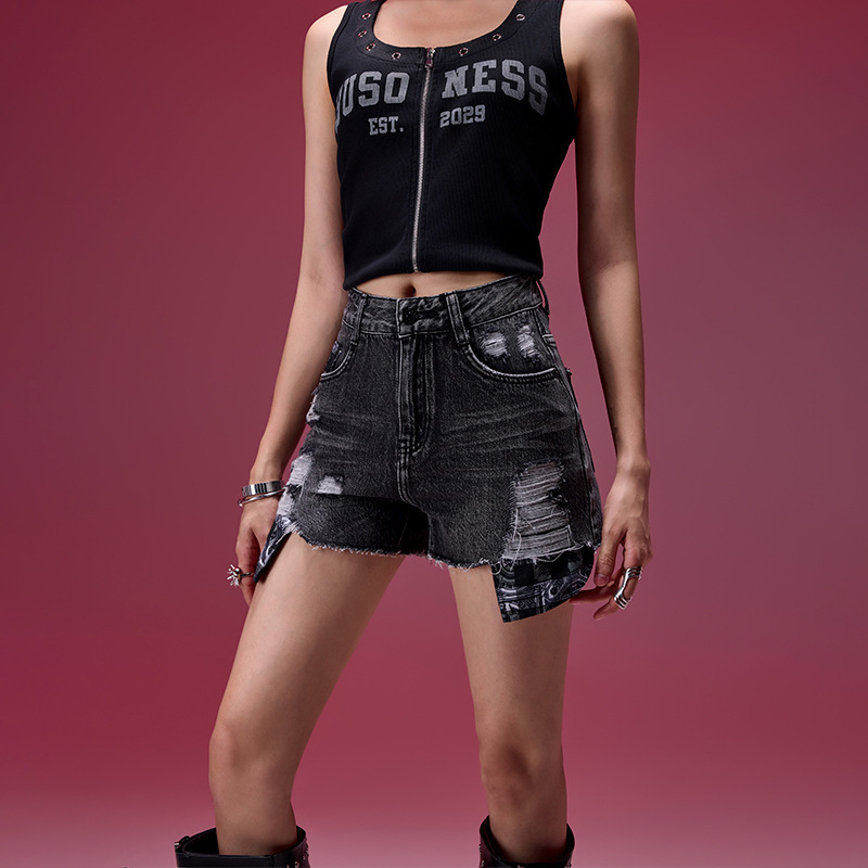 Special Offer: 78 Yuan. Togu Trendy Brand Distressed Black Denim Shorts for Women, Summer High-Waisted Ripped A-Line Frayed Hot Pants