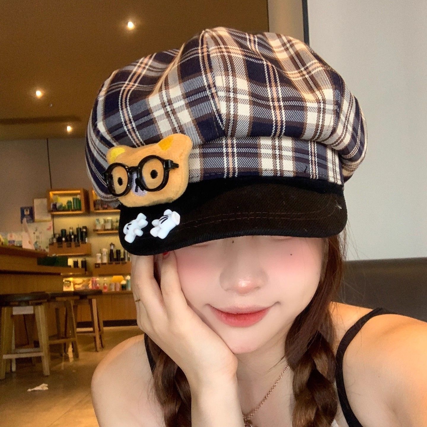 Cute Cartoon Bear Beret Hat For Women Plaid Octagonal Cap Style_voghion.com