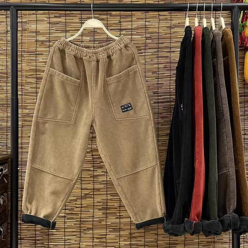 Демисезонные тёплые вельветовые брюки из велюра, oversize, плюс размер