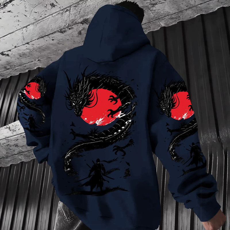 Autumn and Winter Japanese-Style Samurai Dragon Print Hooded Sweatshirt Unisex National Trend Navy Blue Loose Street Style Top
