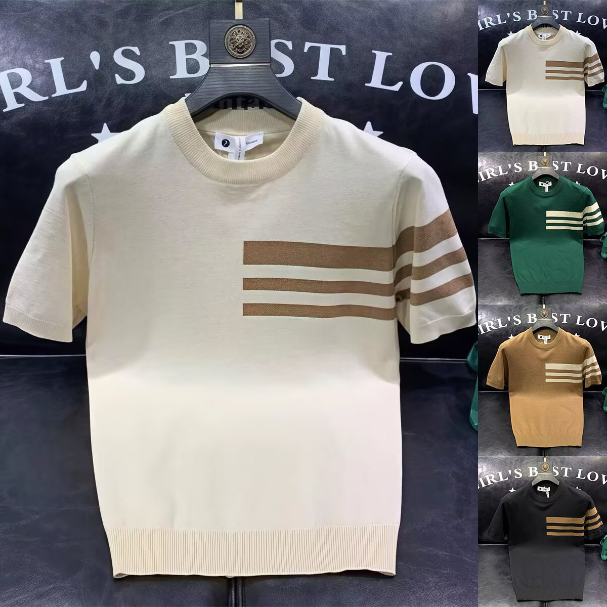 Herren-Strickshirt mit schmaler Passform, kurzen Ärmeln, gestreift, Business Casual, aus Eisseide, im Stil der alten Schule, schlichter, eleganter Sommerpullover_voghion.com