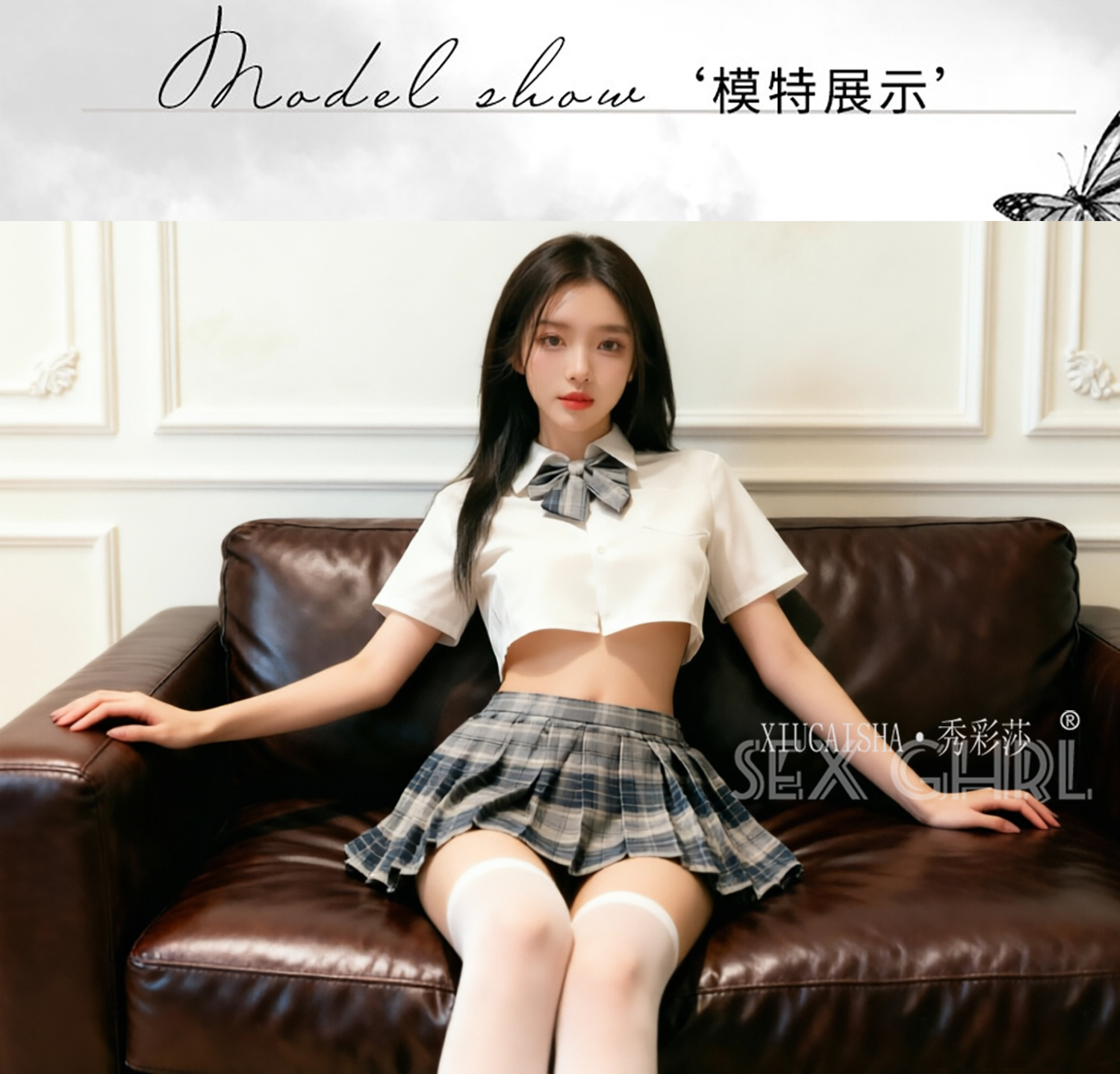 Student-Style Roleplay Lingerie Set with Plaid Skirt, Top, Bow Tie, Thong and Stockings — detail image 8