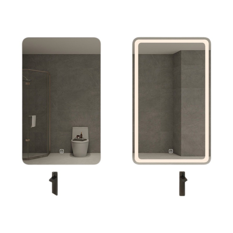 Espejo de baño cuadrado con pantalla táctil inteligente con sensor transfronterizo, espejo de maquillaje con luz LED para baño