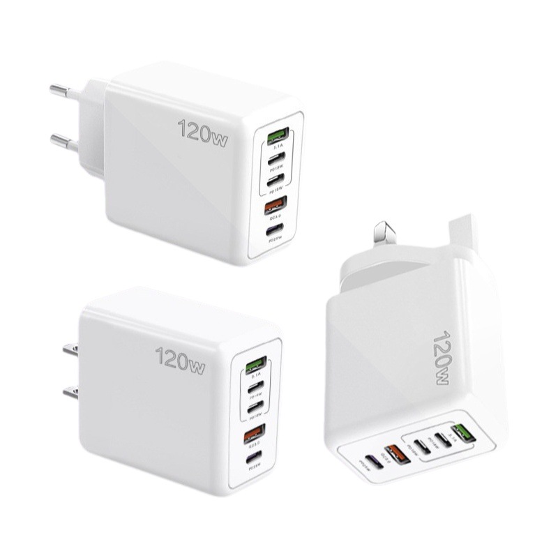 Cargador de teléfono móvil USB PD transfronterizo certificado CE Carga rápida multipuerto Puerto europeo y americano Cabeza de carga británica Adaptador de 120W