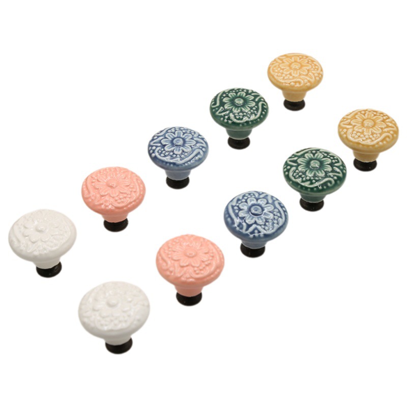 Transfronterizo en relieve color solo agujero de cerámica mango pastoral antiguo armario puerta cerámica cajón de la manija de un solo agujero redondo