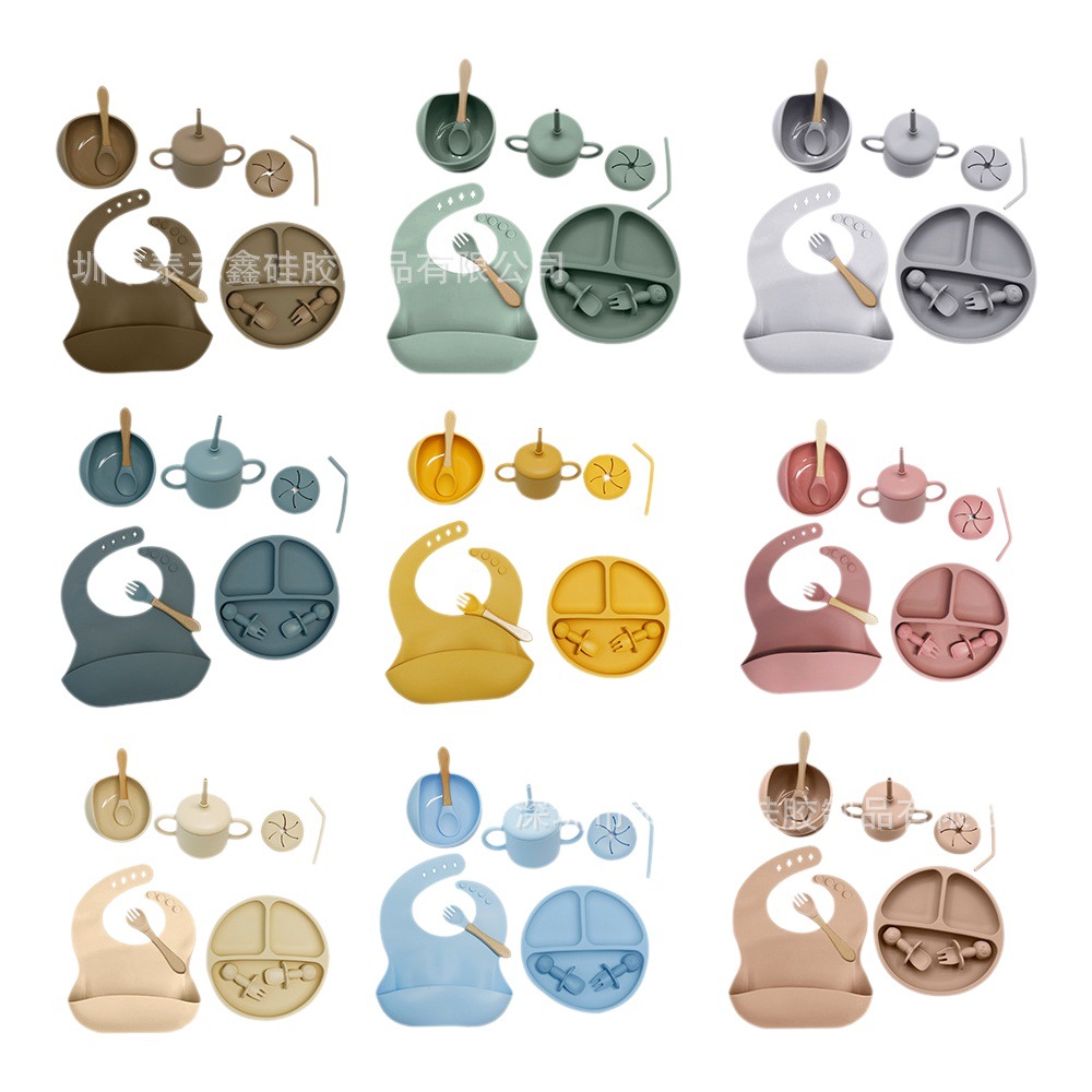  Set de vajilla infantil de silicona, 10 piezas, incluye plato, tazón, cubiertos y babero, ideal para bebés