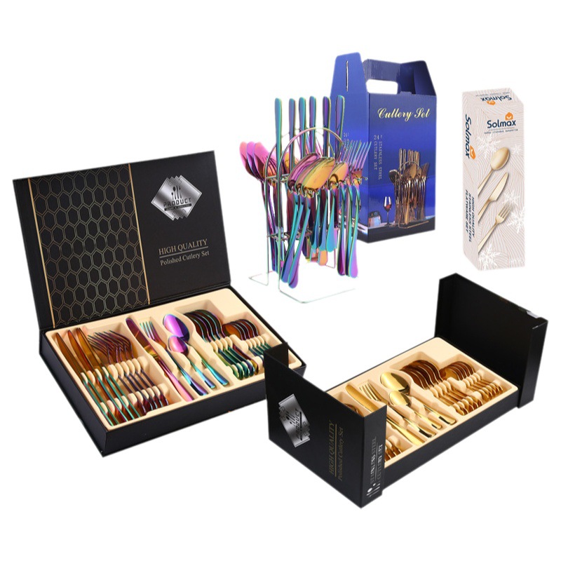Juego de cubiertos de acero inoxidable 24 piezas, cuchillos, tenedores y cucharas, set de regalo elegante estilo occidental