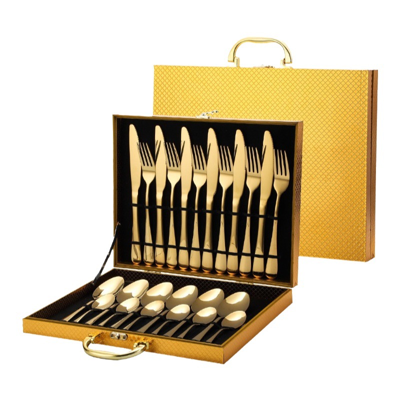 Amazon productos calientes vajilla de acero inoxidable 24 piezas traje 1010 cuatro piezas principales cuchillo, tenedor y cuchara traje de caja de madera transfronteriza