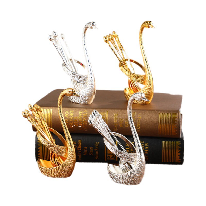 Fábrica en stock Cisne fruta tenedor almacenamiento cocina moda creativa artesanía de metal vajilla plata Cisne cuchara traje