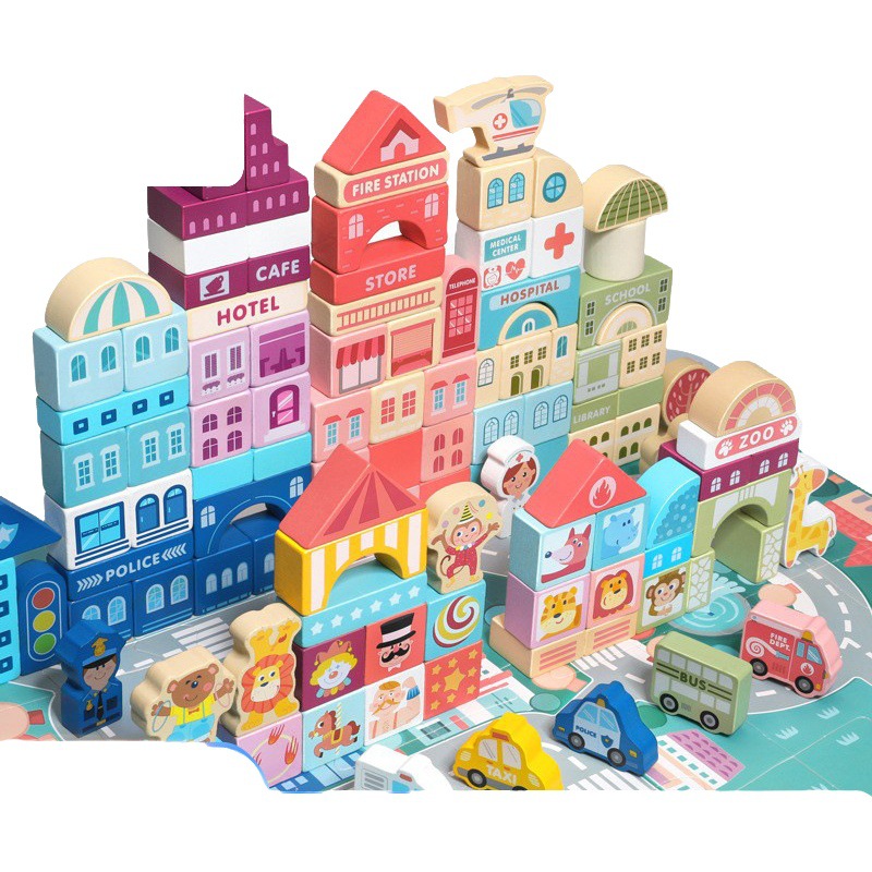 Cpc bloques de construcción de madera para niños ciudad Street View figuras coloridas animal coche bloques de construcción de partículas grandes juguetes de barril