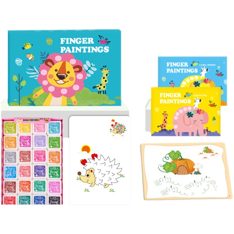 Pintura a los dedos para niños, almohadilla de tinta de 12 colores, pintura de puntos para los dedos, viene con álbum de tarjetas de pintura con pigmentos, versión en inglés transfronteriza