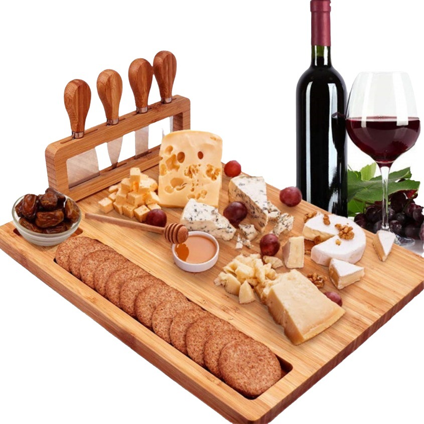 Tablero de corte de bambú transfronterizo pan corte de frutas mantequilla suplemento alimenticio tablero cuchillo y tenedor cuatro piezas tabla de cortar traje queso tabla de quesos