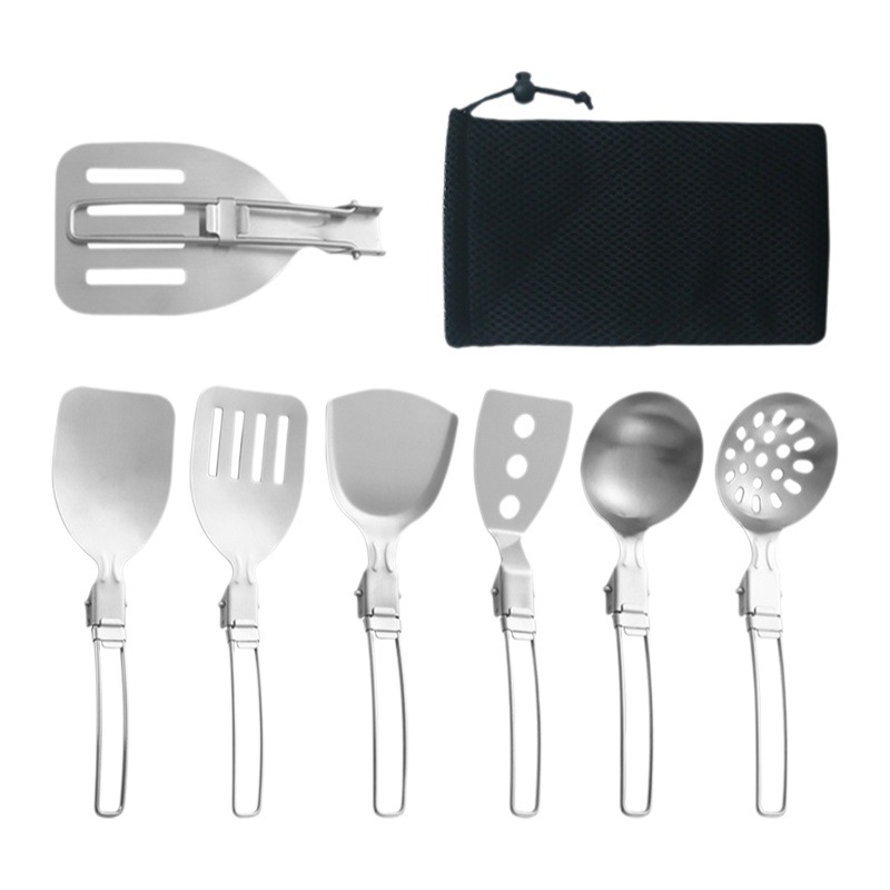 304 de acero inoxidable portátil utensilios de cocina al aire libre picnic camping cocina pala espátula cuchara de sopa multifuncional plegable utensilios de cocina
