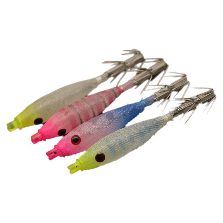 Exportación japonés calamar aguja imitación cebo envoltura de tela caucho suave madera Camarón pequeño colgante cubo calamar gancho pesca cebo orden