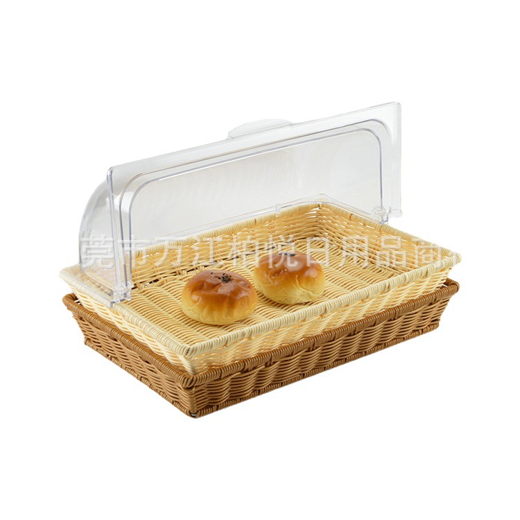 Cesta para pan, cesta para frutas, imitación ratán de plástico con tapa, cesta para exhibir alimentos, bandeja de ratán con tapa, transparente para puestos de venta