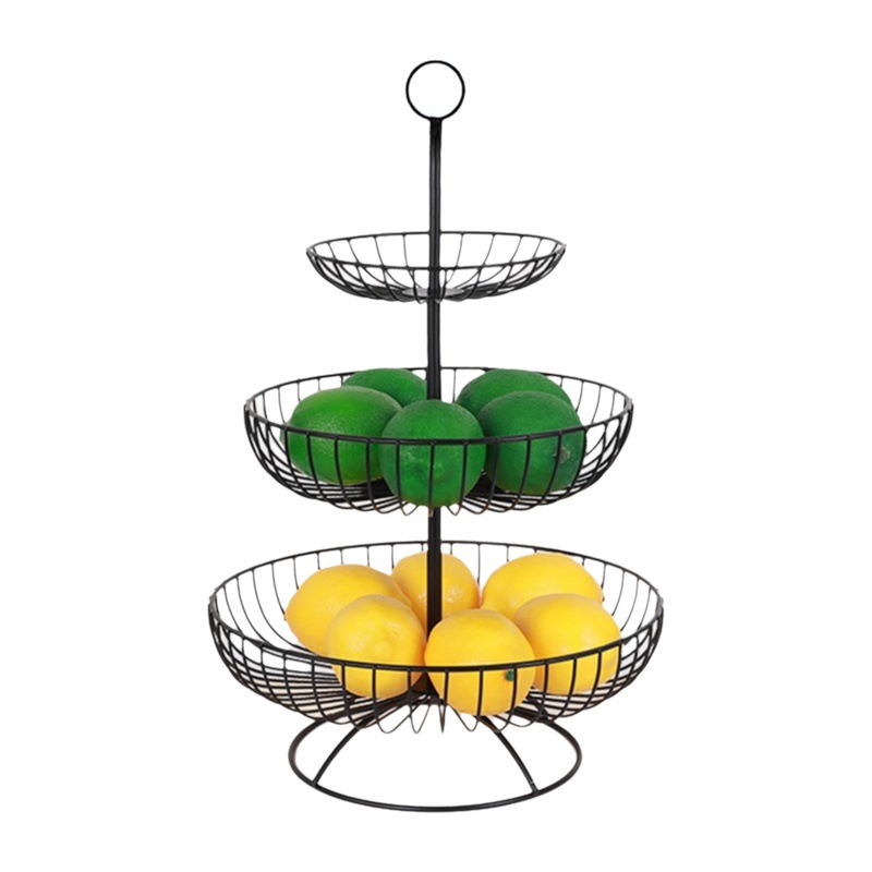 Cesta de fruta de hierro de tres capas Sala de estar de estilo europeo Placa de fruta seca Hogar negro creativo cesta de fruta de múltiples capas al por mayor
