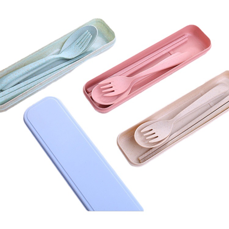 Trigo paja vajilla tenedor palillos conjunto de tres piezas de color nórdico niños viaje al aire libre picnic portátil vajilla traje