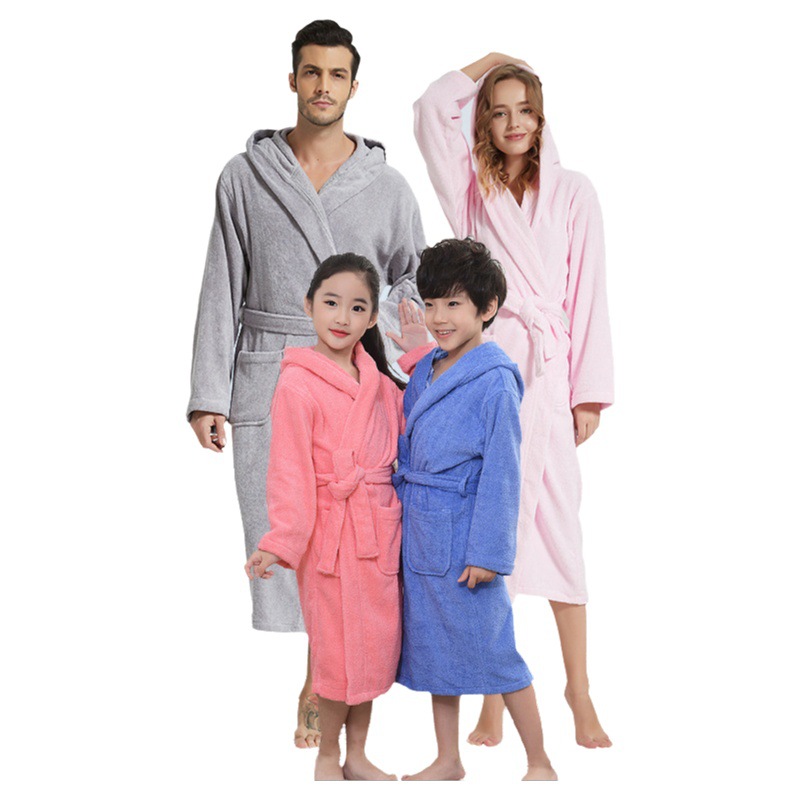 Pure Cotton Hotel Bathrobe Autumn and Winter Thickened Towel Material Nightgown Long Hooded Children Parent-child Male and Female Absorbent Bathrobe