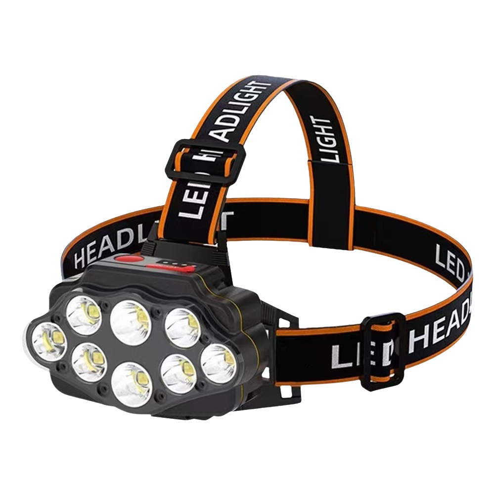 Ocho cabezas núcleo nuclear fuerte luz súper brillante faro USB recargable al aire libre ultra-larga espera de doble batería de litio linterna montada en la cabeza