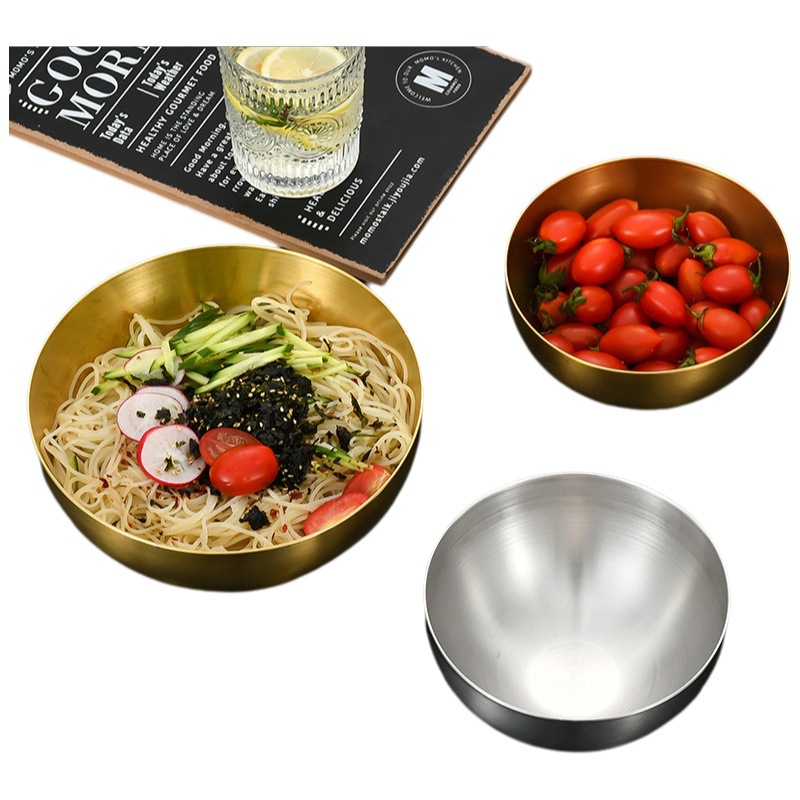 Cuenco de oro del bibimbap que cocina el cuenco grande redondo para el uso comercial Cuenco de fideos frío de una sola capa del cuenco de acero inoxidable del cuenco de ensalada coreano