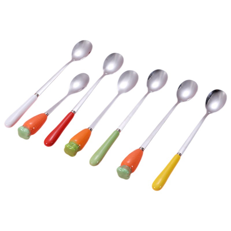 Mango de cerámica cuchara de agitación de acero inoxidable color caramelo creativo taza de café cuchara de postre helado miel cuchara de leche