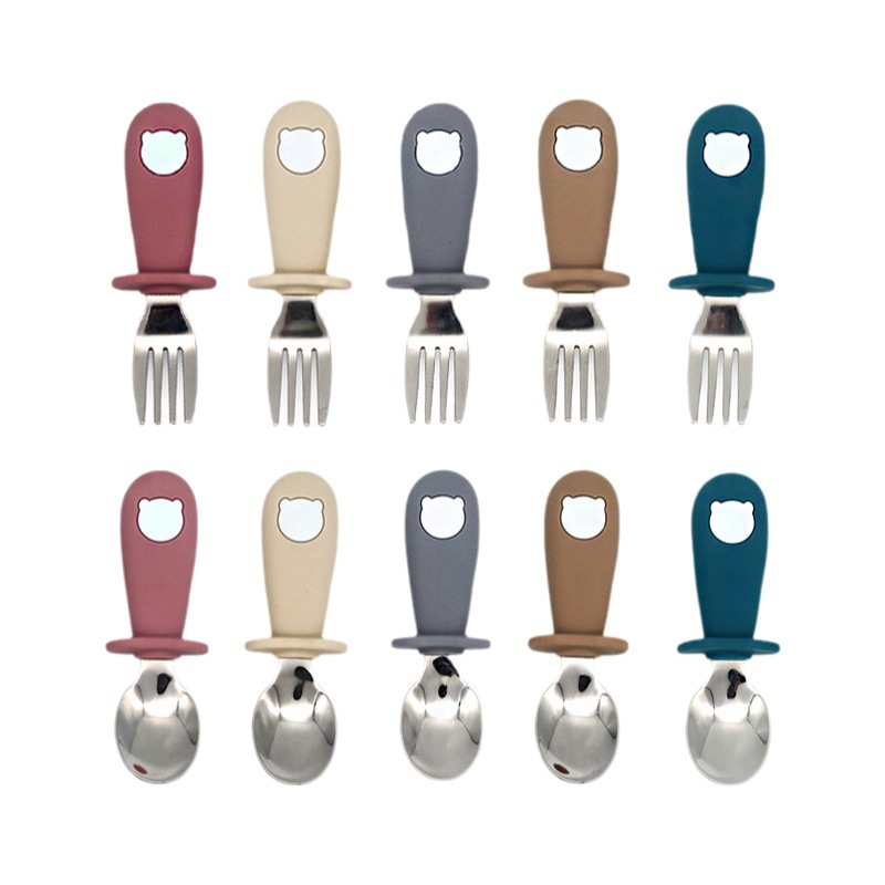 Panda bebé tenedor cuchara de silicona FDA traje 304/316 Acero inoxidable vajilla cuchara