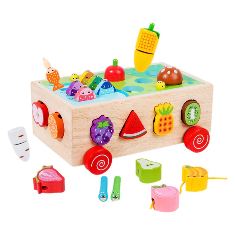 子供知育ビーズ釣り果物カットゲーム七合一多機能トレーラー玩具木製玩具