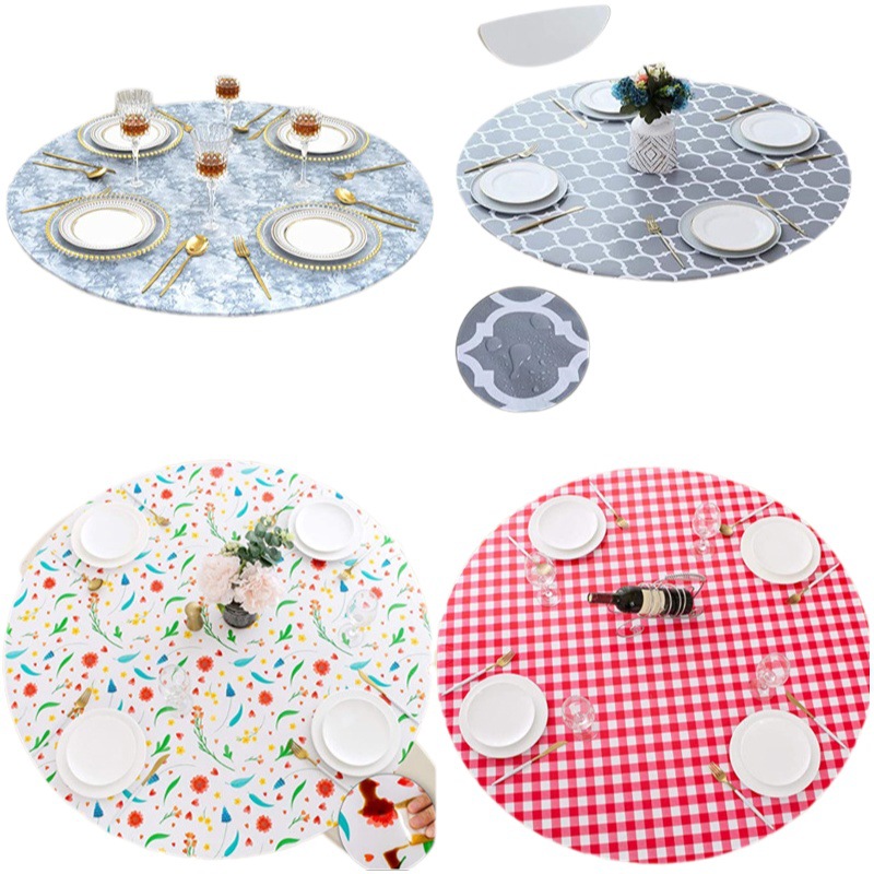 Mantel redondo de PVC transfronterizo impermeable y a prueba de aceite forrado de vellón grueso transparente impreso mantel de plástico banda elástica mantel de grano de madera