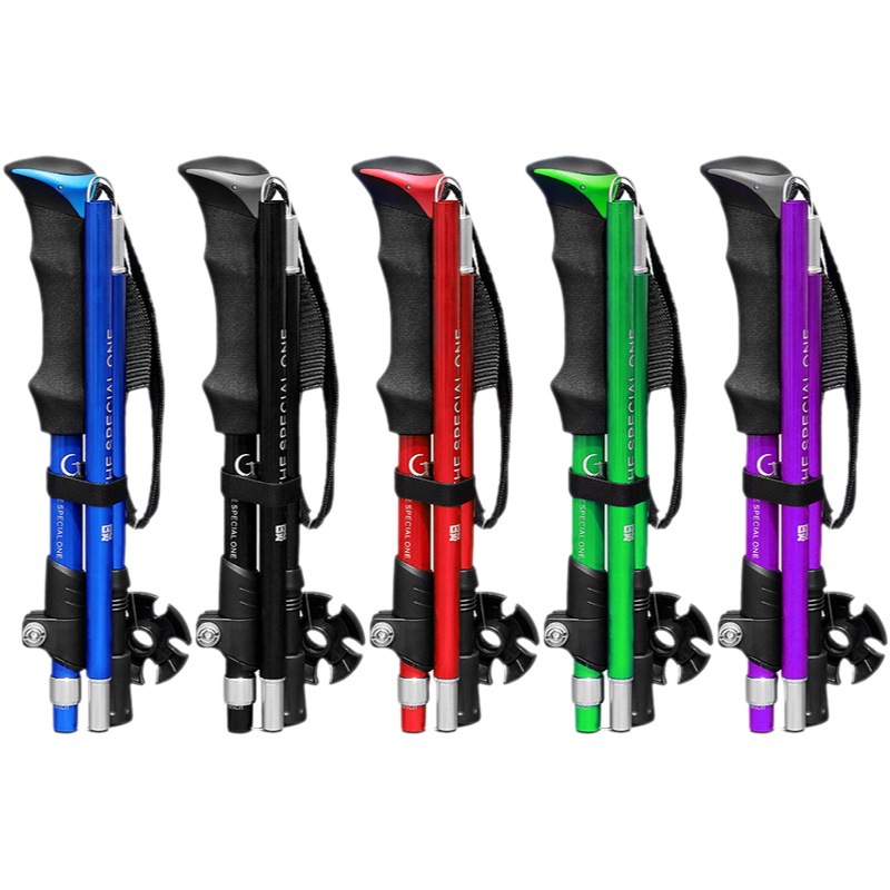 Nueva luz corta plegable alpenstock aluminio bastón telescópico al aire libre senderismo escalada equipo muletas palo