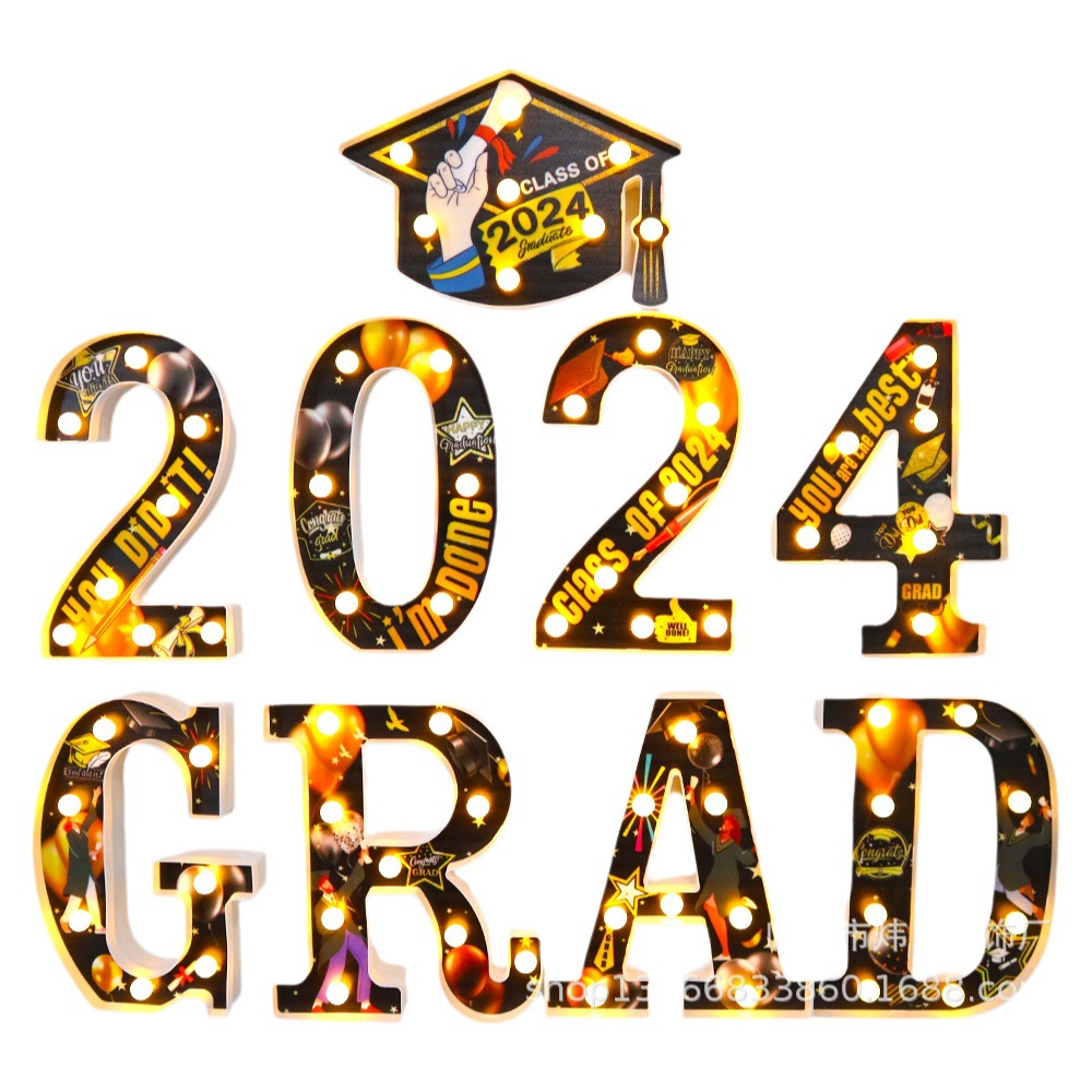 2025 accesorios de la foto de graduación, lámpara de letras grad, decoración de la escena de la fiesta led, lámpara decorativa, temporada de graduación, sombrero de soltero