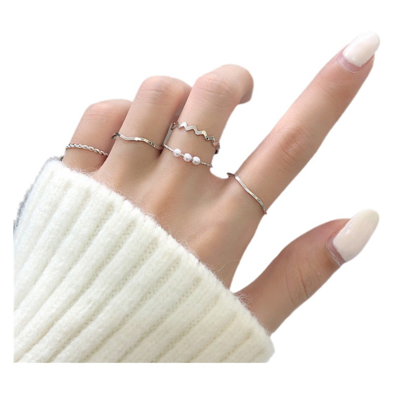 Ring for Women Japanese and Korean Simple Ins Pearl Wave Combination Ring Five-Piece Set Personalized Ring Popular Tail Ring