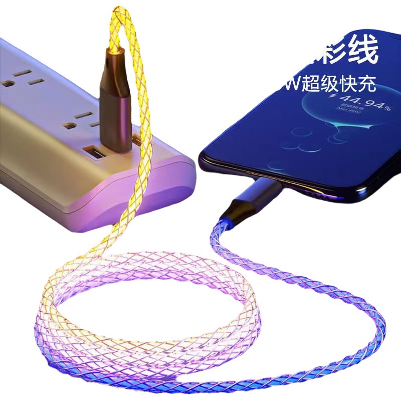 Cable de datos RGB, degradado de respiración luminosa para automóvil, carga súper rápida PD para cable de carga Apple Android TypeC