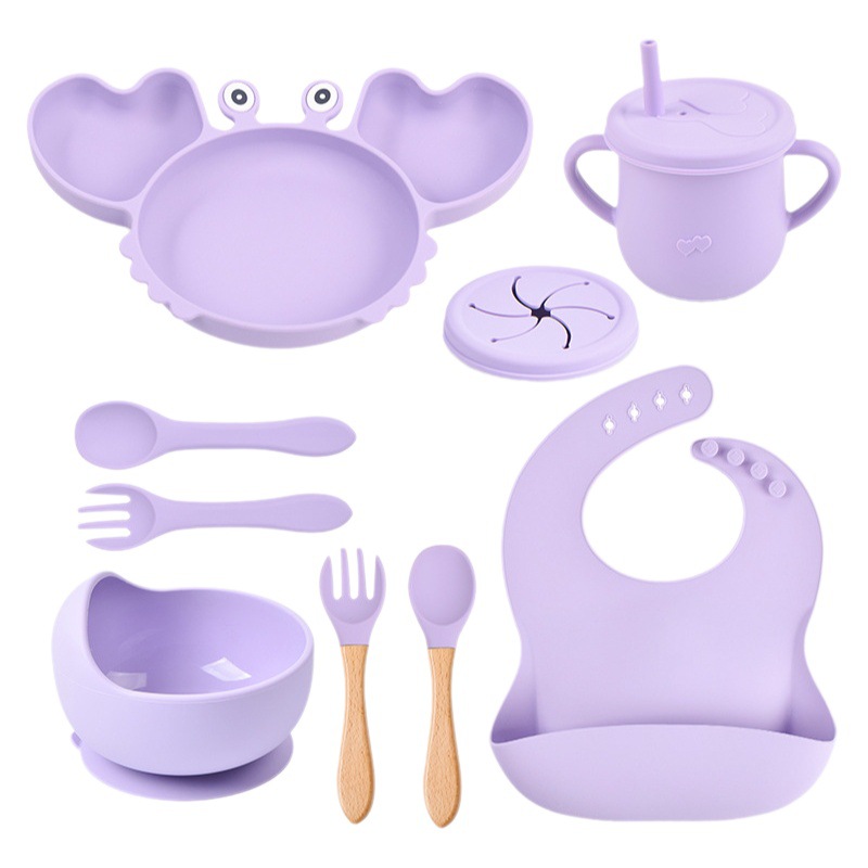 Set de vajilla para bebé de silicona de 9 piezas - Plato con forma de cangrejo, babero, plato dividido, cuchara, tenedor, taza