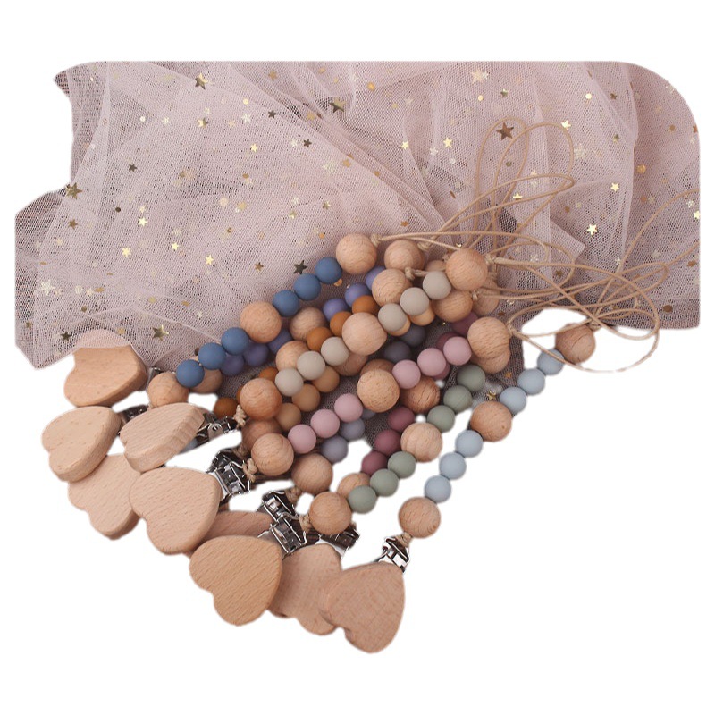 Nueva Cadena de chupete de perlas de silicona Beech corazón chupete clip bebé calmante Beech cuentas de silicona chupete cadena anti-gota