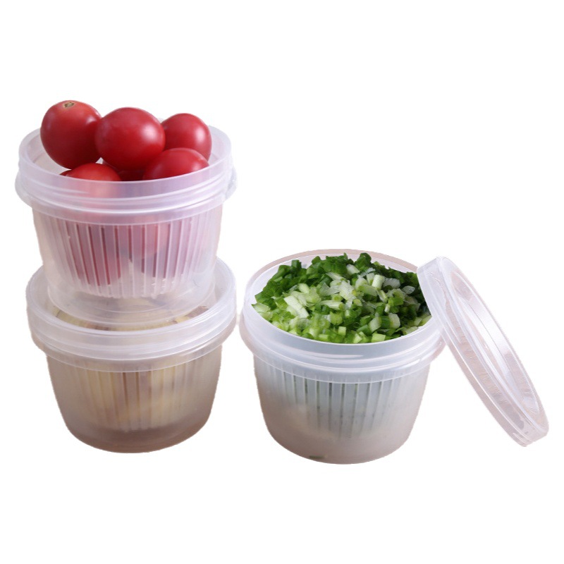Oferta especial refrigerador crujiente jengibre ajo cebolla caja de almacenamiento hogar redondo transparente drenaje doble capa crisper Caja Sellada