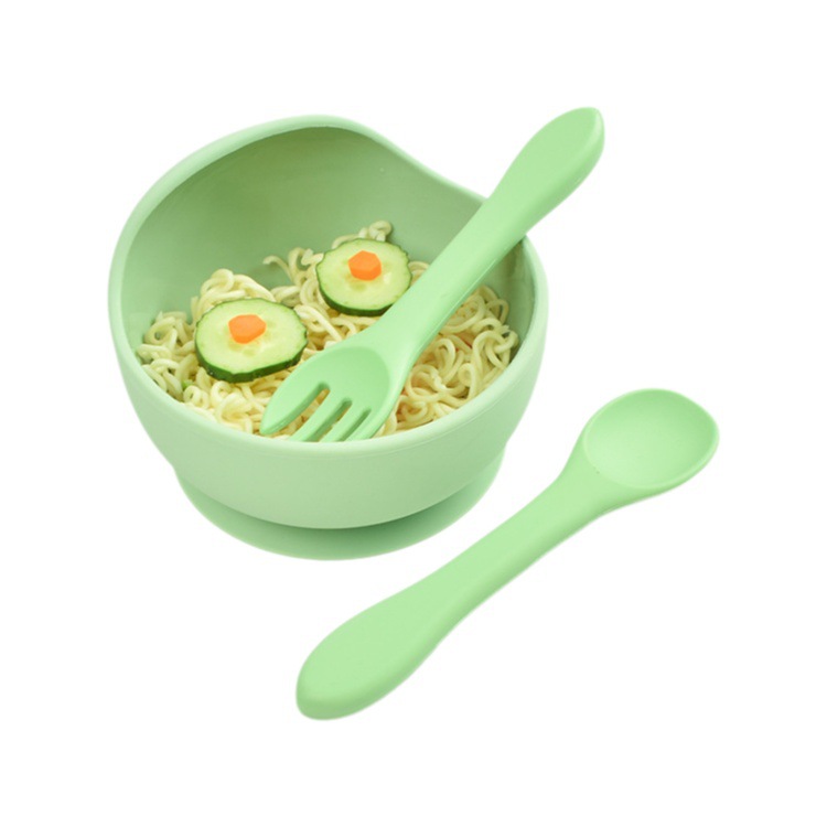 Tazón de silicona para niños creativo simple suplemento de alimentos para bebés tazón de entrenamiento de tres piezas de silicona cuchara Tenedor