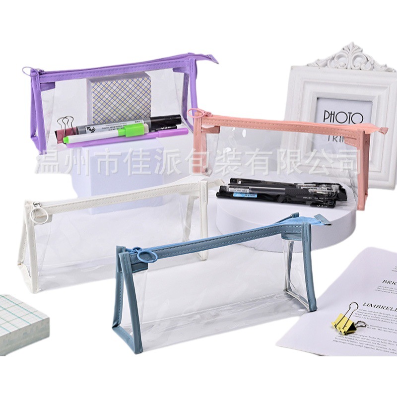 PVC Transparent Triangle Pencil Case ins Stationery Korean Style Simple Large Capacity Zipper Storage Bag for Students Portable Waterproof