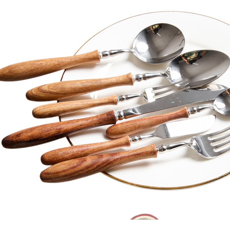 Directo de fábrica amarillo palo de rosa 304 cuchillo de acero inoxidable, tenedor, cuchara, cuchara de té, tenedor de la torta, cuchara redonda, traje de vajilla occidental