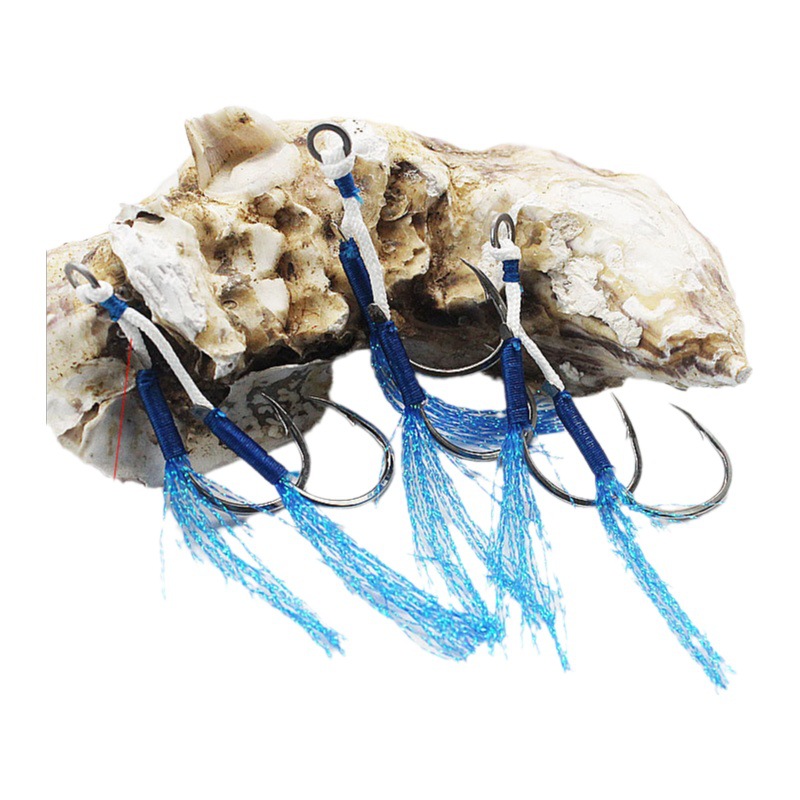 Gancho doble con pelo azul y canal de sangre reforzado gancho de hierro gancho de pescado gancho de esturión barco de pesca arrastre pesca gancho de mar línea de seda brillante accesorios de pesca